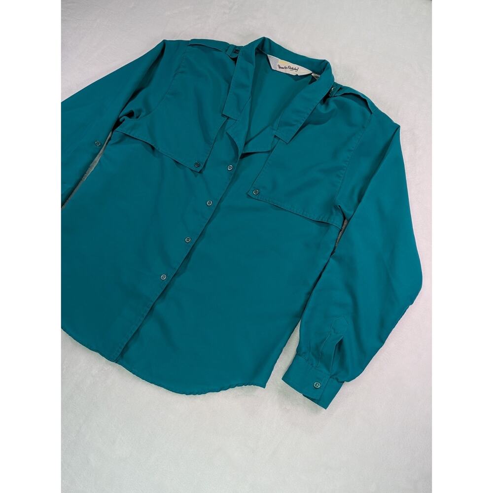 Dianne Von Furstenberg Size 12 Teal Green Safari Style Button Up Blouse VTG 80's - Picture 7 of 16